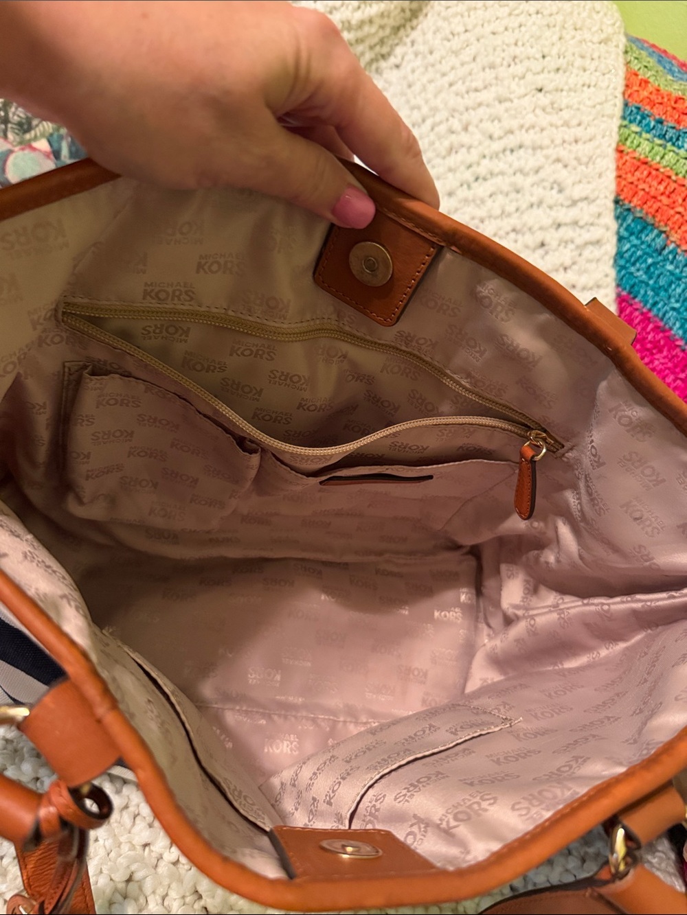 Michael Kors Navy and White Striped Tote with Brown Trim - Picture 5 of 8